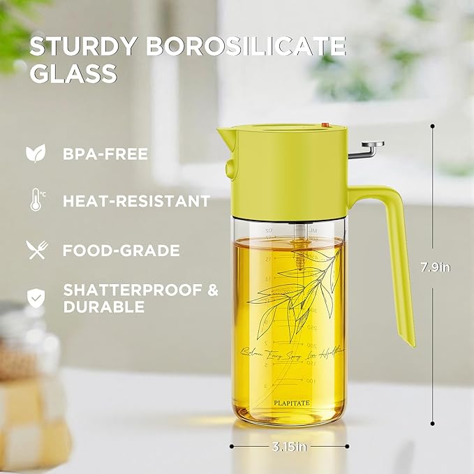 PLAPITATE 2Pcs 17oz Premium Olive Oil Sprayer for Cooking, 2 in 1 Glass Olive Oil Dispenser Bottle for Kitchen Gadgets, Spray Bottle with Portion Control for Salad, Frying, BBQ (Black & Lime Yellow)