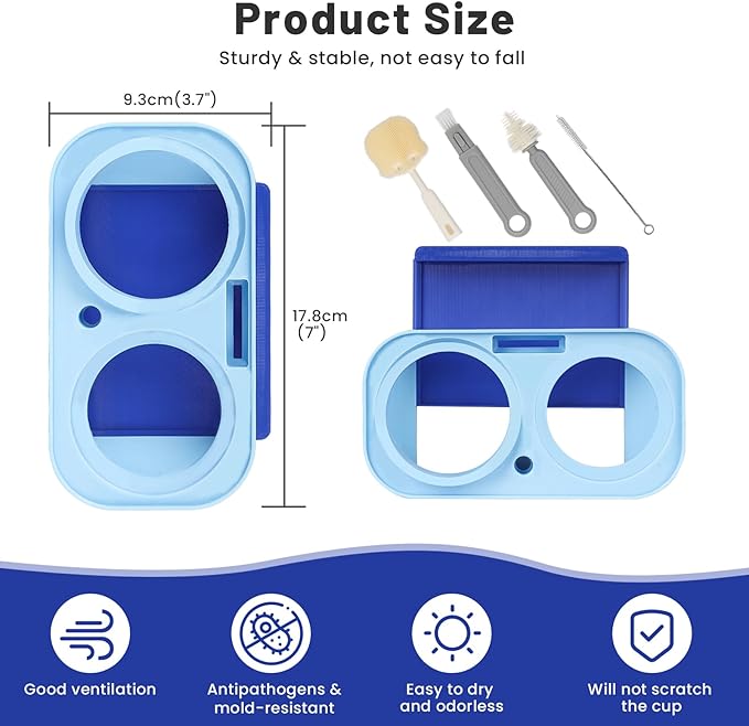 Bottle Drying Rack for Owala Freeship 24/32/40oz, Portable Space Saving Stand with Drain Tray & 4 Cleaning Brushes – Water Bottle & Cup Organizer for Lids, Straws, Stoppers (Blue)