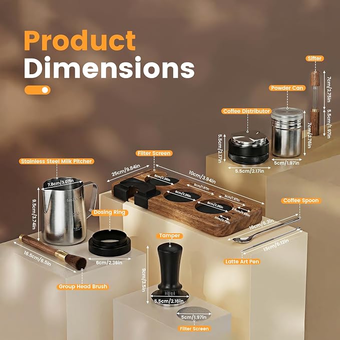 28-Piece 51mm Espresso Accessories Kit with Wood Tamping Station | Wood tamping station with tamper, distributor, WDT tool, dosing funnel, milk pitcher, puck screen and latte art accessories