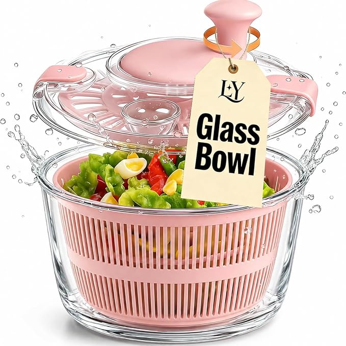 Good Grips Large 5.2 Qt Glass Salad Spinner Vegetable Dryer with Drain Dishwasher Safe with Transparent Lid Crank Handle Quick Spin Greens Washer for Lettuce Herbs Fruits Pink