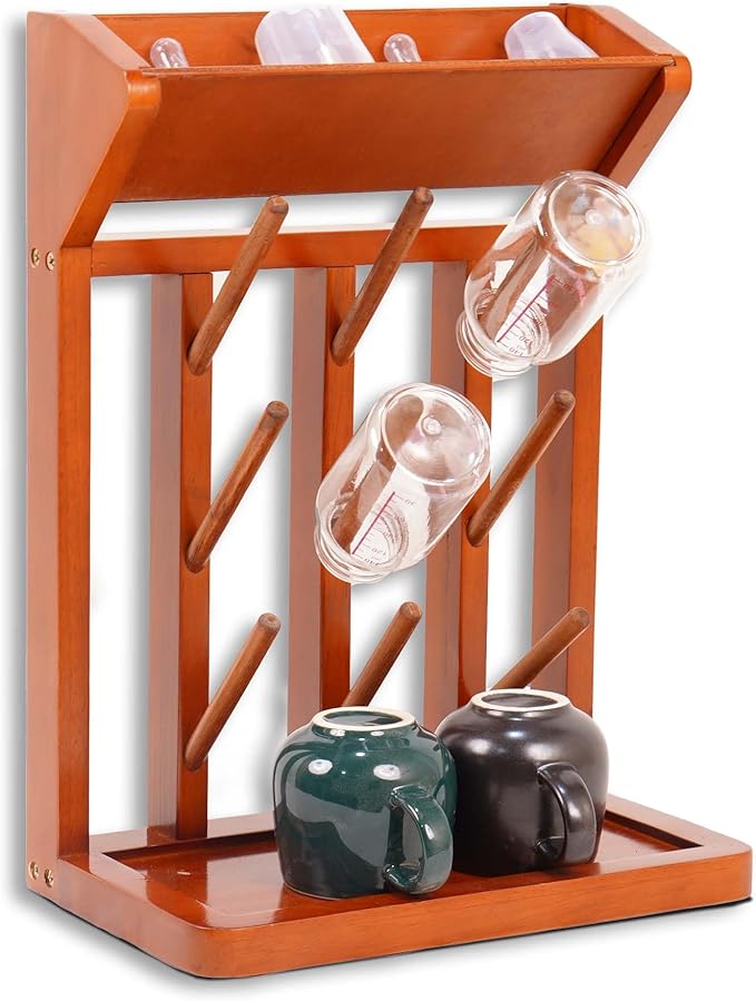 Vertical Rubber Wood Stand, 9-Hook Bottle Drying Rack, for Baby Bottles, Mugs, Glasses | Thread Rack Organizer or Yarn Holder | Kitchen Storage, Sewing Storage Solution, Brown Color