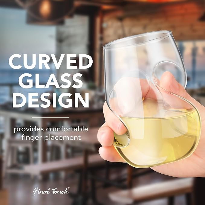 Final Touch Conundrum White Wine Glasses - Set of 4 Stemless Handcrafted Glasses - 9 oz Capacity - Sleek Curves for Comfortable Tasting - Dishwasher Safe (GG5008)