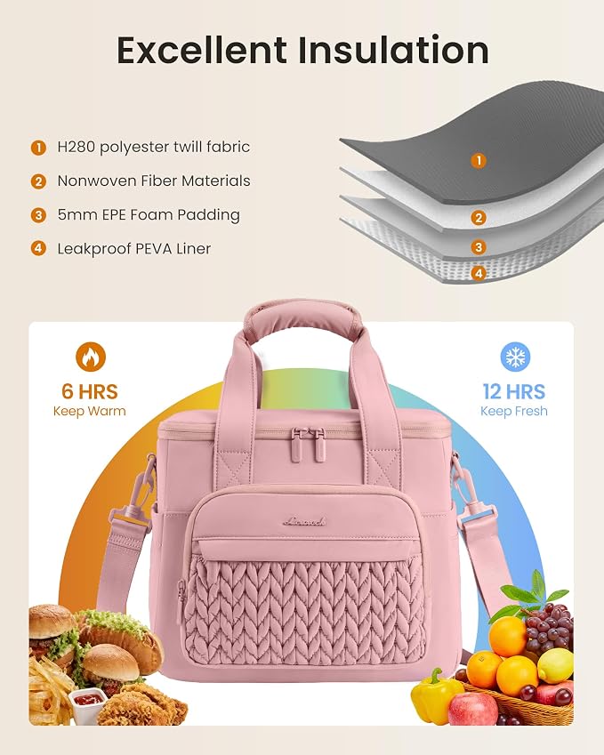 LOVEVOOK Lunch Bag Women, Insulated Wide Opening Adult Lunch Box for Women Work with Cup Holder, Large Lunch Cooler Tote Bag with Utensils Pocket for Office Campus Picnic Beach Mom Nurse Family