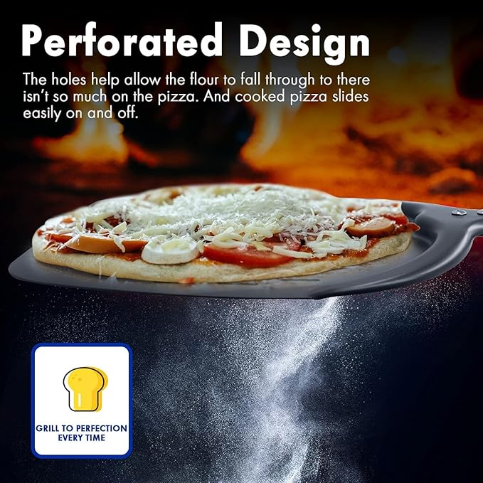 Pizza Peel, 14 Inch Perforated Pizza Peel, Professional Aluminum Pizza Paddle, Restaurant Grade, Long Handle Non-Stick Metal Peel for Outdoor Pizza Oven