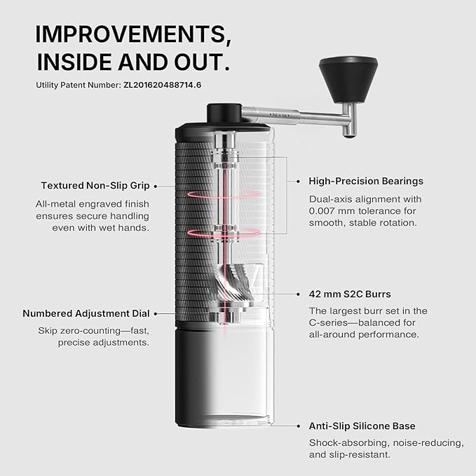 TIMEMORE C5 Pro Manual Coffee Grinder with S2C-042-III Conical Burr, 0.031mm Precision Adjustment, All-Metal Portable Hand Coffee Mill for Espresso/French Press/Pour Over - Black