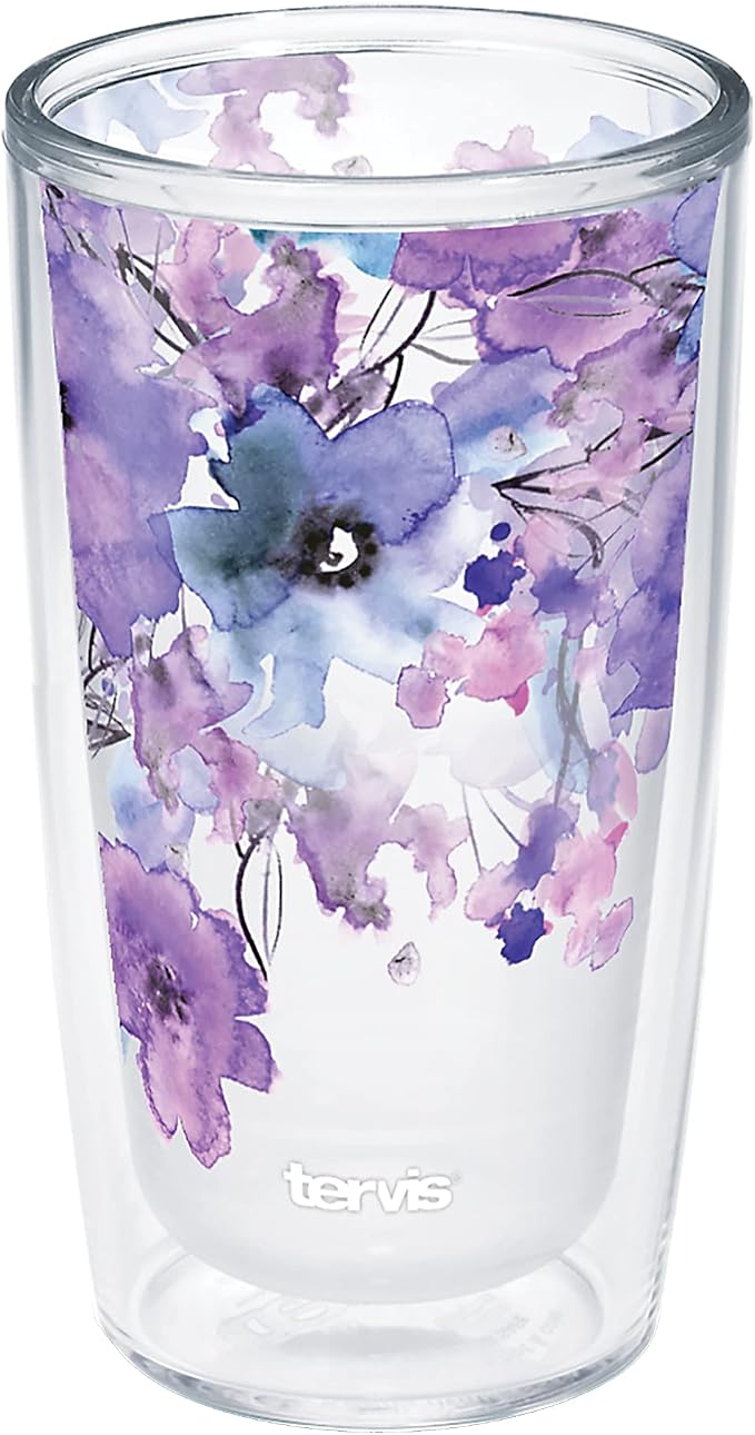 Tervis Made in USA Double Walled Watercolor Floral Purple - Crystal Insulated Tumbler Cup Keeps Drinks Cold & Hot, 16oz, Delicate Bouquet