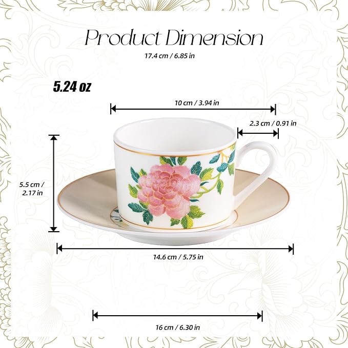 KAMMAK Tea Cups and Saucers Set of 2, Porcelain Coffee Cups, Stackable Espresso Mugs, Ceramic Demitasse for Coffee, Cappuccino, Latte, Americano, Tea, Embroidered Peony