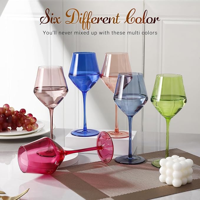 Colored Wine Glasses Set 6 – 16oz Hand-Blown Stemmed Colorful Wine Glass, Muted Color Golbet Set,Unique Wine Gifts for Women, Birthday,Housewarming