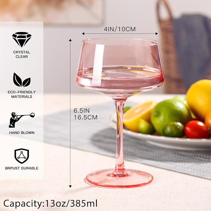 comfit Pink Coupe Glasses Set of 6-13 oz Large Capacity Martini Glassware - Versatile Tall Cocktail Glasses- Hand-Blown Colored Champagne Coupe Glass-Art Deco Cocktail Glasses Set-Wedding Gifts