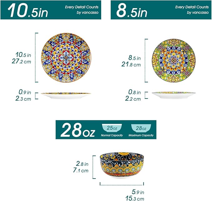 vancasso 18 Pieces Dinnerware Sets, Plates and Bowls Set, Porcelain Dishes Set for 6, Microwave and Dishwasher Safe, Scratch Resistant, Bohemian Style Dining Ware Service for 6, Series SIMI