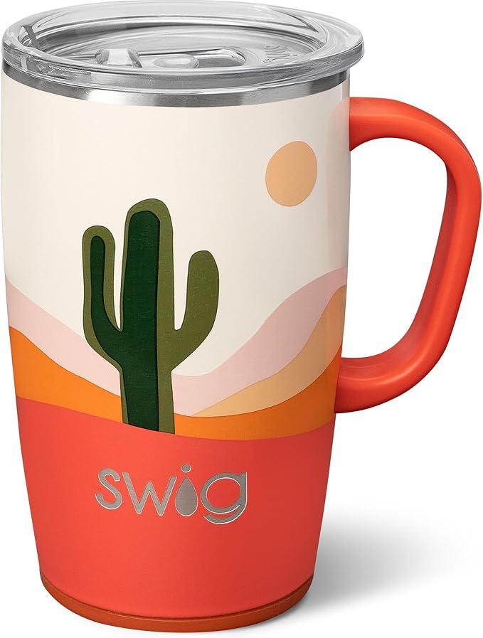 Swig Life 18oz Travel Mug, Insulated Tumbler with Handle and Lid, Cup Holder Friendly, Dishwasher Safe, Stainless Steel, Travel Coffee Cup (Boho Desert)