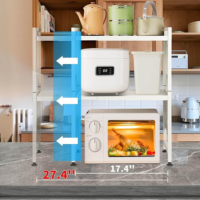 Expandable Microwave Stand Countertop, 3 Tier Heavy Duty Over Microwave Shelf Countertop with 4 Hooks, Height Adjustable Metal Microwave Oven Rack Shelf for Kitchen Tabletop,Holds 160lb,White