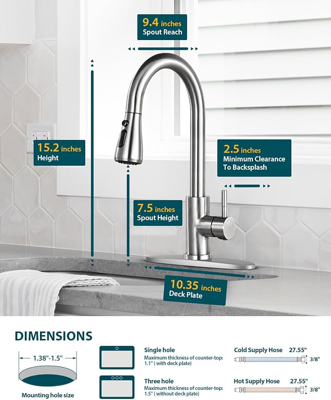 Hiqufet Kitchen Faucet with Deck Plate for 3 Hole or Single Hole Setup | Pull Down Sprayer, High Arc Spout, , for Pot Filling, Pan Rinsing and Daily Kitchen Cleanup