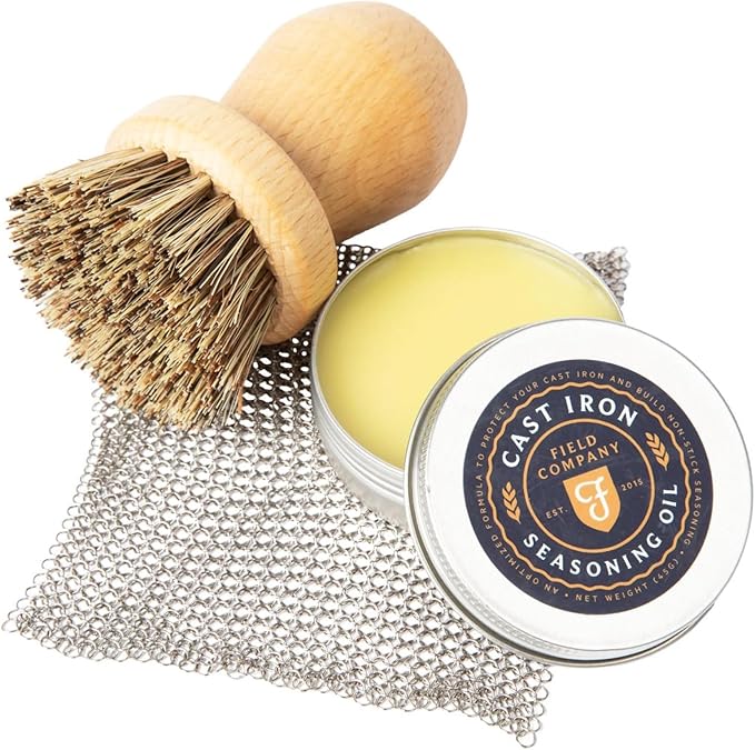 Cast Iron Care Kit – Chain Mail Scrubber, Natural Fiber Brush & Oil for Cleaning, Conditioning & Restoring Cast Iron Pans – Field Company