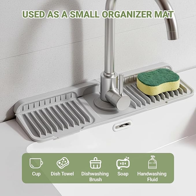 Faucet Mat for Kitchen Sink, 17.7" x 5.5" Silicone Sink Faucet Mat Splash Guard, 7° Slope Fast Self-draining, Bathroom Countertop Protectors to Catch Spills, Foldable & Snap Lock Fit (Gray)