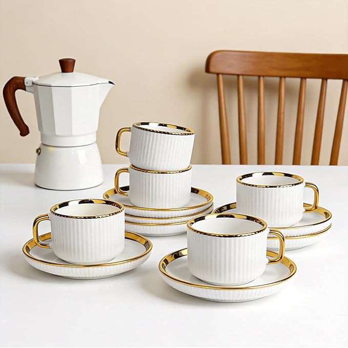 ALIMOTA 3oz White Gold Ceramic Coffee Mug Set of 6, Latte Mugs with Saucers, White Latte Cups and Espresso Mug for Specialty Coffee Drinks, Latte, Cafe Mocha, Tea