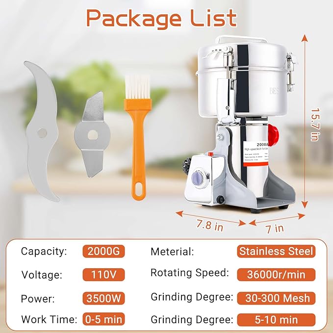 BI-DTOOL Electric Grain Mill Grinder 2000g Stainless Steel Pulverizer 36000r/min High-speed Grain Mill 3500W Dry Material Grinding Machine 270° swingable Superfine powder for Home and Commercial