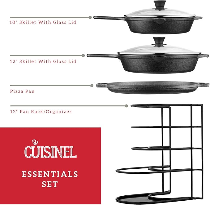 Cuisinel Cast Iron Cookware Set - 6-Pieces Pre-Seasoned Kit: 10"+12" Skillet + Glass Lids + Pizza Pan + Pan Rack Organizer + Silicone Handle Covers + Scraper/Cleaner - Grill, Camping, Indoor/Outdoor
