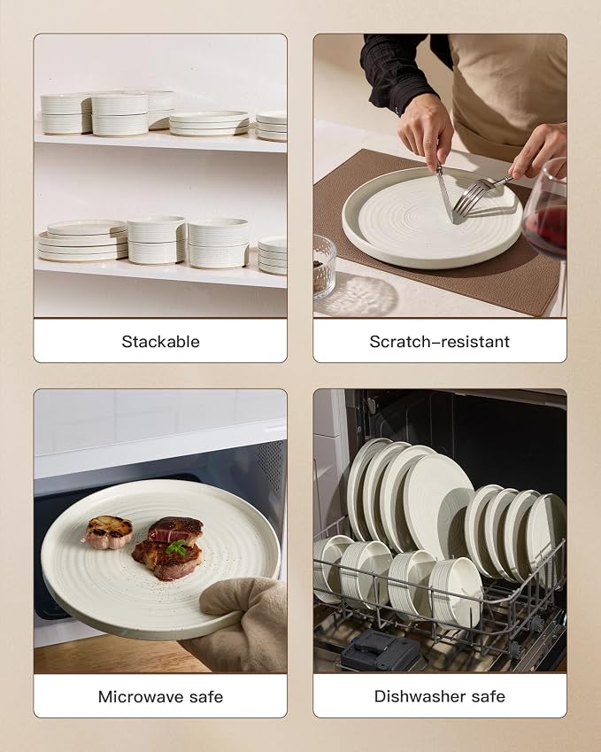 Stoneware Dinnerware Sets for 8, 24-Piece High Edge Plates and Bowls with Speckled Glaze & Spiral Design - Chip & Scratch Resistant, Microwave & Dishwasher Safe - Gift Box, Cream