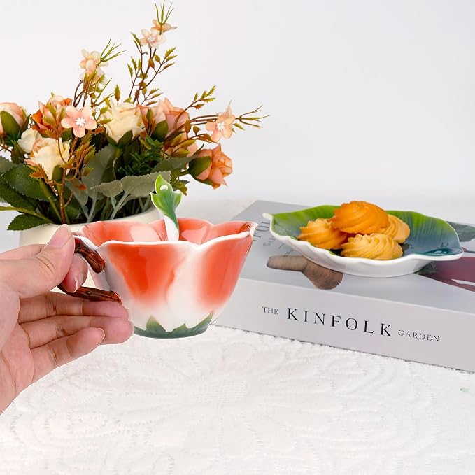 Lily Flower Tea Cup and Saucer Set 6 Oz, Enamel Flower Porcelain Coffee Cup Saucer Set with Spoon for Women, Hand Crafted Tea Set (Clivia Lily)