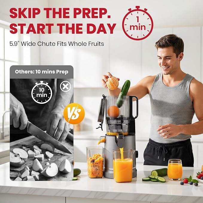 Laudlife Cold Press Juicer with 5.9" Wide Feed Chute, Integrated 100oz Capacity Hopper & Strainer Design, Easy Clean & BPA Free, Slow Masticating Juicer Machines for Whole Fruits Vegetables