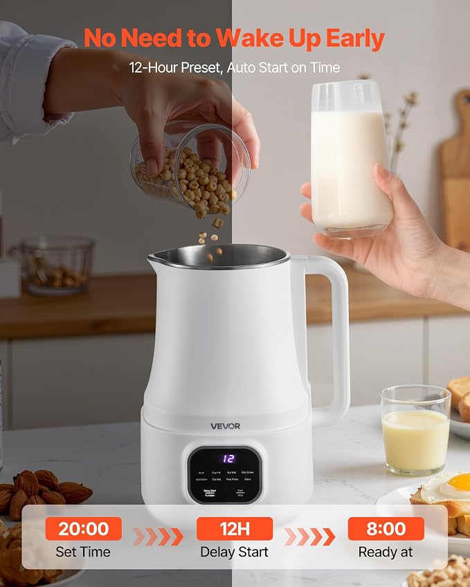 VEVOR 8-in-1 Nut Milk Maker, 34 oz Soy Milk Maker with Soundproof Cover for Homemade Oat, Nut, Soy, Juice, Milkshake, Rice Cereal, Plant-Based Beverages with Self-Cleaning, Boil Water, 12-Hour Delay