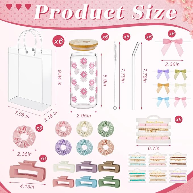 Suncalla 36 Pcs 6 Set Morandi Birthday Gifts for Women, Sleepover Spa Party Girls Trip Bachelorette Party Favors for 6 People, Daisy Glass Cup Bracelets Hair Bands Hair Clip Tote Bags Bows