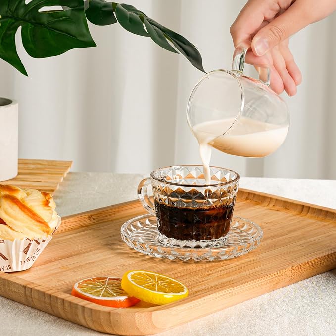 Glass Espresso Shot Cups with Saucers Set of 6, Clear Small Demitasse Cup with Stainless Steel Spoons, Dishwasher Safe Coffee Mugs for Tea Hot Chocolate Cappuccino, 5OZ/150ML, Mix