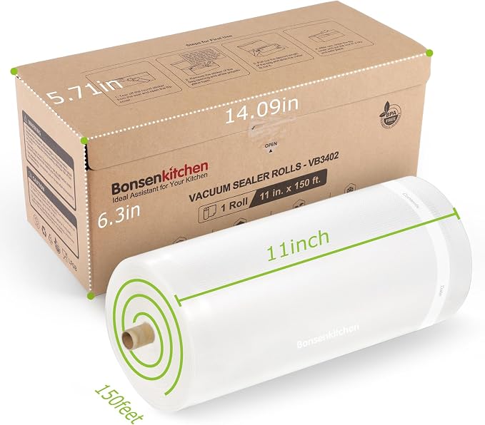 Bonsenkitchen 11” x 150’ Vacuum Sealer Bags Rolls with Cutter for Food Storage, Commercial Grade, BPA Free, Great for Meal Prep and Sous Vide Cooking