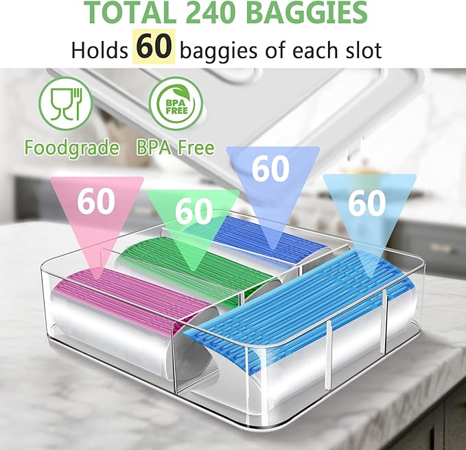 Kevenal Food Storage Bag Organizer – Expandable Sandwich Bag Dispenser with 4 Compartments, BPA-Free Plastic Kitchen Organizer for Snacks & Meal Prep (Space-Saving Design, Easy Clean)