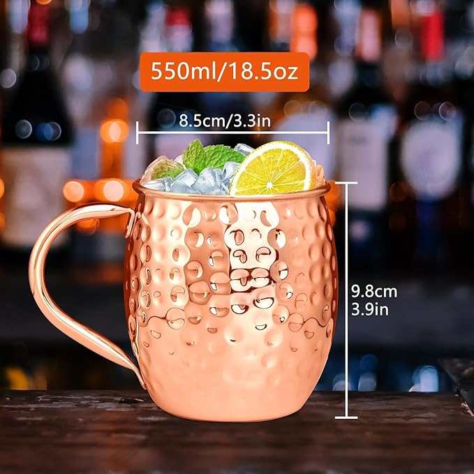 Moscow Mule Copper Plated Mugs Moscow Mule Cups Kit 19oz Set of 4 with Handle Large Hammered Stainless Steel Cups with 0.5oz Double Jigger, Stainless Steel Straws for Cold Drinks Cocktails Wine