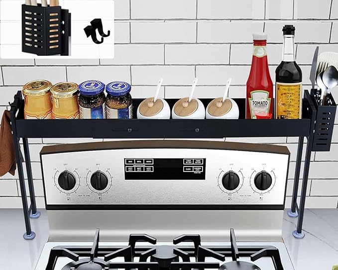 Horynar Over Stove Spice Shelf for Kitchen Spice Rack Organizer with Extra Black Basket and Hooks Great for Stove Top Shelf