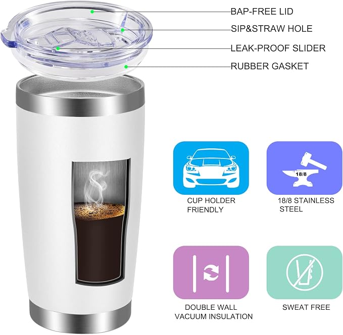 VEGOND 20oz Tumbler with Lid and Straw Stainless Steel Tumbler Cup Bulk Vacuum Insulated Double Wall Travel Coffee Mug Powder Coated Coffee Cup, White, 12 Pack
