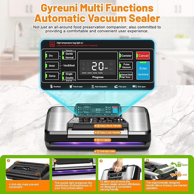 Gyreuni 95Kpa Vacuum Sealer Machine for Food with Bags, 12-in-1 Food Saver Vacuum Sealer with Double Heat Seal, Built-in Cutter,Accessory Hose, Bag Storage,10 Bags, 1 Bag Roll & Marker Pen,App Control