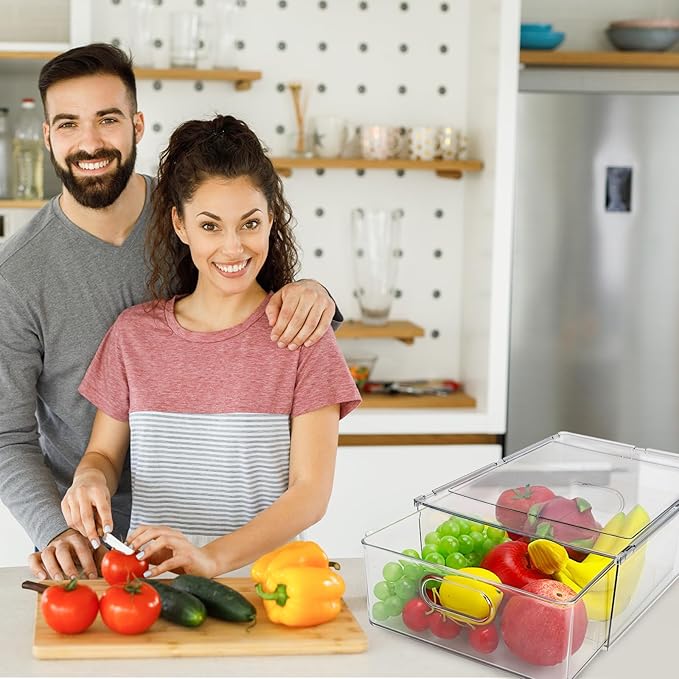 Extra Large Refrigerator Organizer Bins with Pull-out Drawer, Stackable Clear Bins with 3 Dividers, Pantry Organization and Food Storage