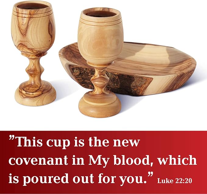 2 Small Communion Cups with Natural Olive Wood Bread Plate – Hand-Carved Kiddush Set for Church, Ministry & Worship – Includes Certificate of Origin