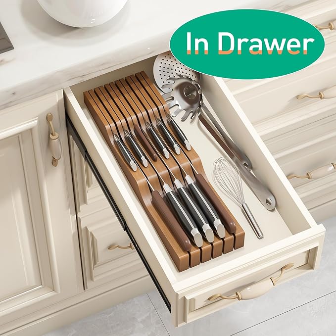 Knife Drawer Organizer, Bamboo Wood Knife Organizer Drawer Insert, Brown Knife Block Fit for 11 Knives