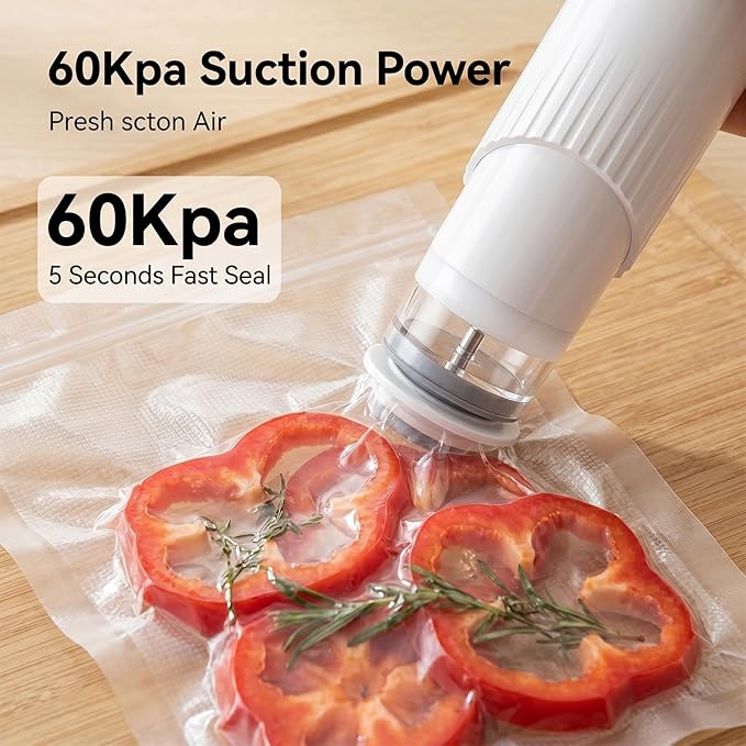 Handheld Vacuum Sealer for Food, Electric Food Vacuum Sealer Machine with Water Tank, 15 Vacuum Bag & 20 Mason Jar Lids, 60Kpa Suction for Food Preservation, Seal Food 8X Fresh Longer, Seal Meal Saver