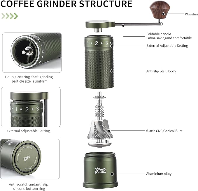 Bincoo Manual Coffee Grinder Manual Foldable Handle– Espresso Hand Coffee Grinder Burr,Compact and Portable for Home/Travel/Camping(Green)