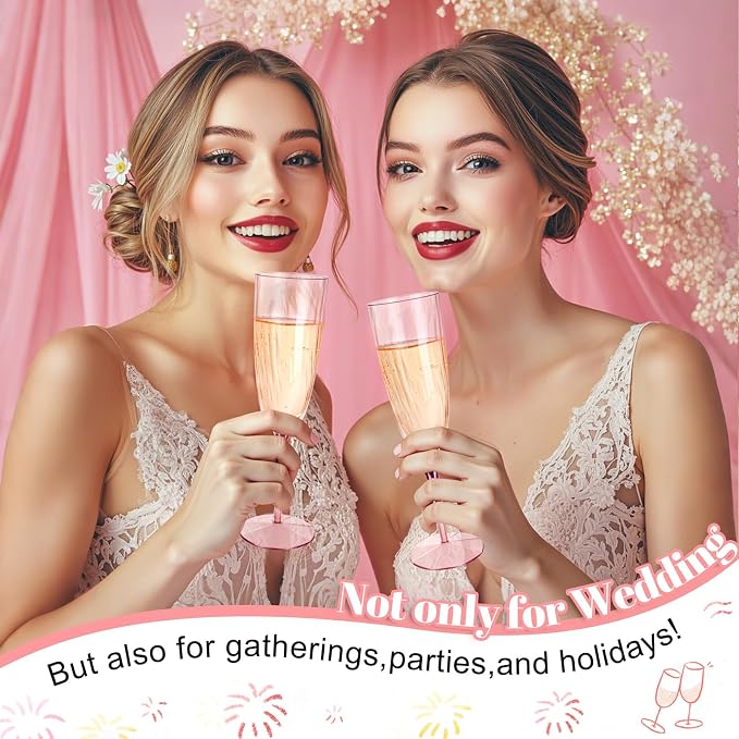 WDF 36PCS Pink Champagne Flutes Plastic - 6OZ Pink Disposable Champagne Flutes Party Supplies for Birthday Parties Baby Shower Wedding Spring