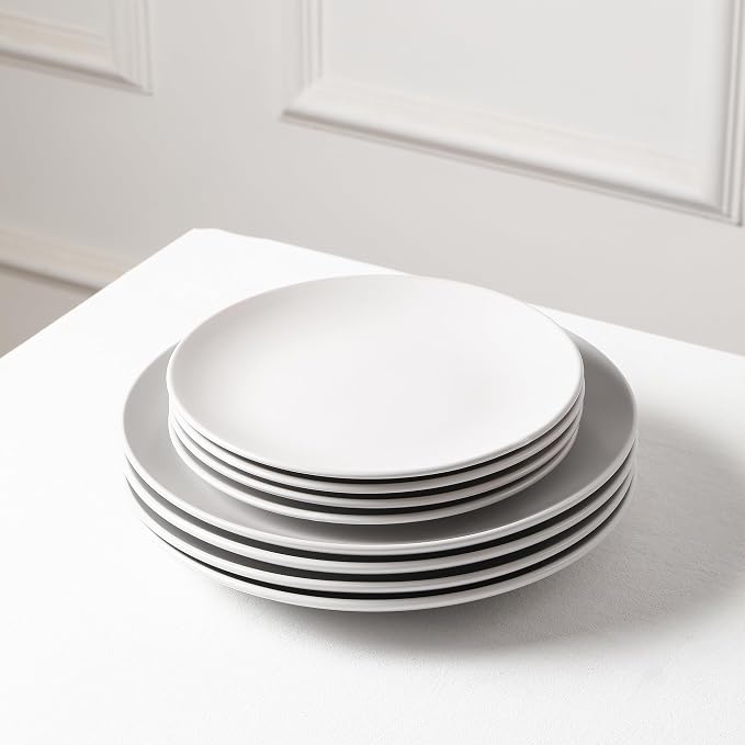 Earth & Clay Mia 12-Piece Stoneware Dinnerware Set, Plates and Bowls Set, Dishwasher and Microwave Safe, Dish Set for 4, White
