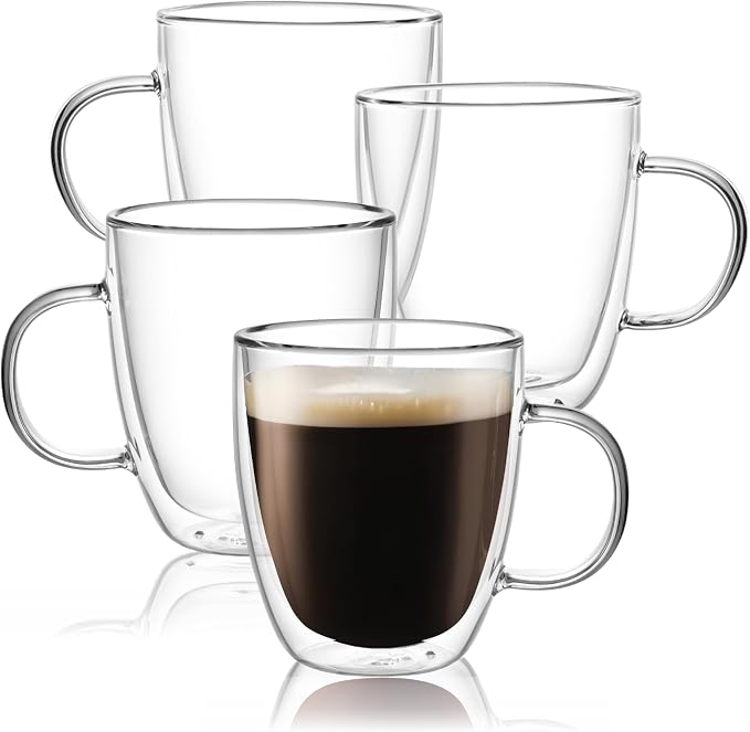 CNGLASS Large Glass Coffee Mugs 17oz,Double Walled Insulated Clear Coffee Cups with Handle,Clear Espresso Mugs for Cappuccino,Latte,Tea Bags,Hot and Cold Beverages,Set of 4