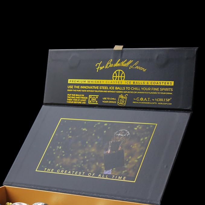NOBLESIP® Whiskey BASKETBALL Glasses 𝗣𝗥𝗘𝗠𝗜𝗨𝗠 Set: 2 Glasses, 2 Steel Chilling Balls, 2 Coasters. Best for a Player, Coach, Fan to enjoy his Bourbon, Old Fashioned, Cocktail. Whisky men gift