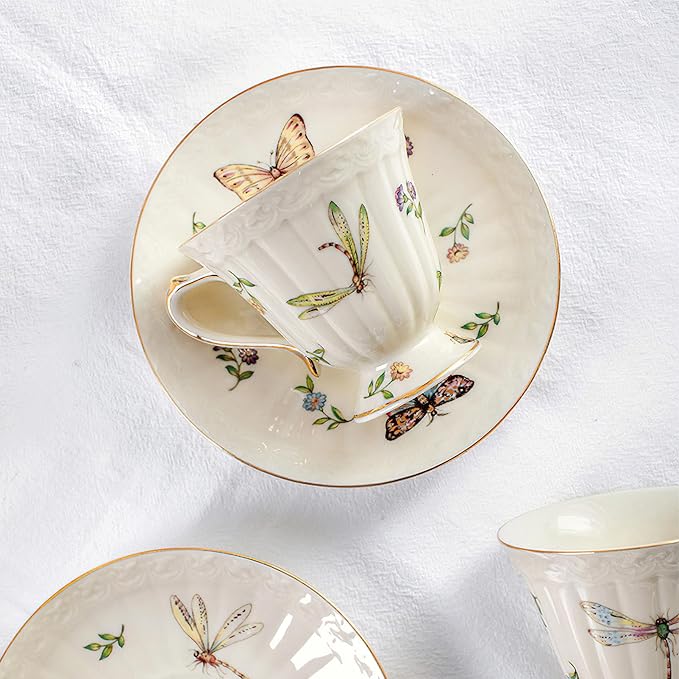 Porcelain Tea Cup and Saucer Set, 8.5 oz/250 ml Ceramic Coffee Mug with Saucer and Spoon, Vintage Coffee Cup with Gold Trim for Mom Women Mother's Day, Butterfly Pattern