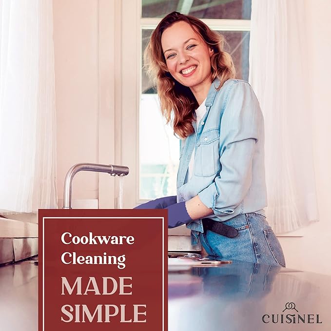Cuisinel Cast Iron Scrubber Cleaning Brush + Pan/Grill Scraper - Skillet and Grill Cleaner Kit - Soft-Touch Confident-Grip Dish Scrub Tool - Tough on Grease, Gentle on Metal and Non-Stick Cookware
