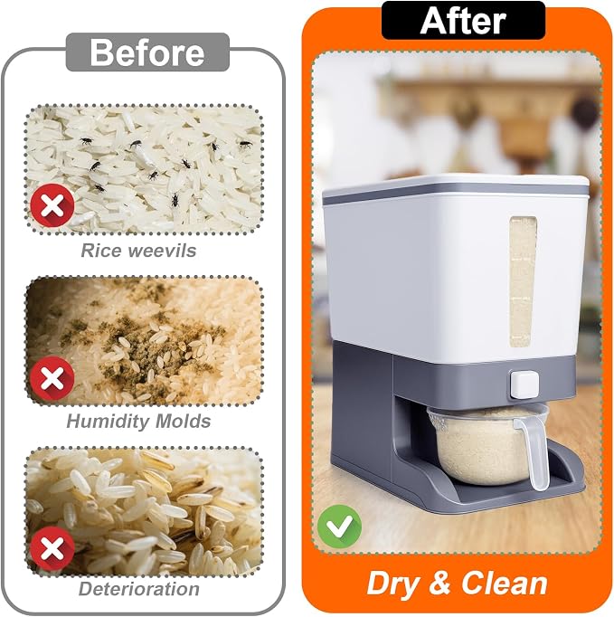 Mity rain Rice Dispenser 20 Lbs with Moisture Absorbing Clay, Rice Storage Container with Measuring Cup, 12 L Cereal Containers Storage Airtight for Kitchen Pantry Organization