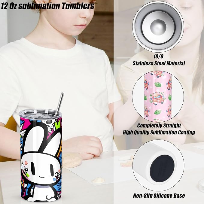 Draheri 12 Oz Sublimation Tumblers Blanks Bulk, Sublimation Cups for Kid with Straw and Brush, Stainless Steel Double Wall Insulated Mugs, Individually Boxed (24 Pack)