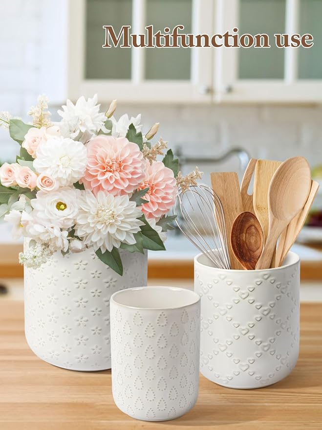 Kitchen Utensil Holder for Countertop, Ceramic Utensil Organizer for Spatulas and Spoons, Modern Embossed Kitchen Counter Decor, White Utensil Organizers for Cooking Tools