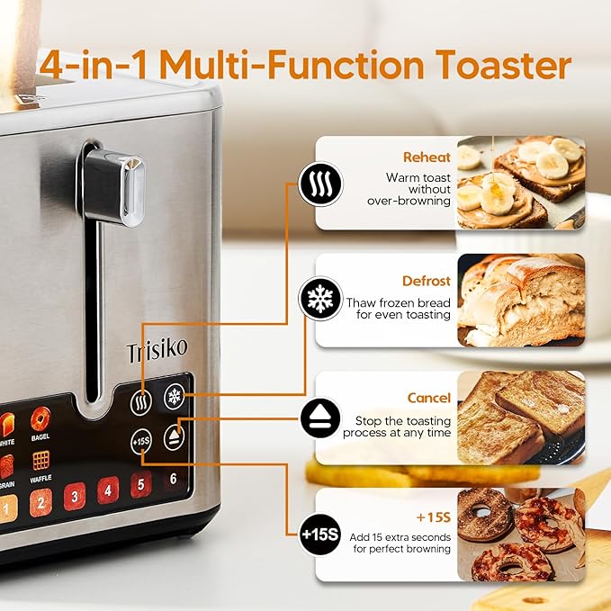 Trisiko® Touch Screen Toaster 2 Slice, Stainless Steel Smart Toaster with Digital Timer, 1.38" Extra-Wide Slots for Bread& Bagel, Great for Home, Office,Dorm