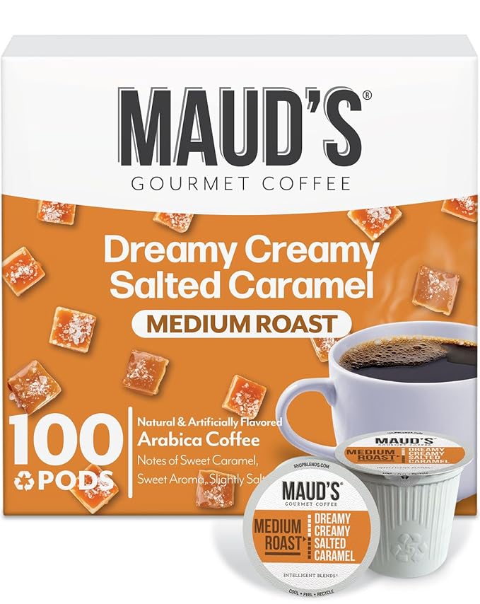 Maud's Salted Caramel Flavored Coffee Pods, 100 ct, Medium Roast Flavored Coffee in Single Serve Pods – 100% Arabica Beans, Compatible with Keurig K Cups Maker